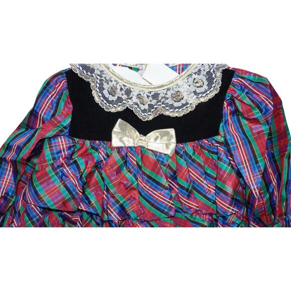 Vintage 80s/90s Plaid Tiered Party Dress Lace Collar Velvet Yoke 2T - Picture 4 of 7